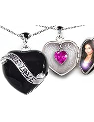 Original Star K (tm) True Love Black Enamel Locket With 7mm Heart Created Pink Sapphire Surprise in .925 Sterling Silver