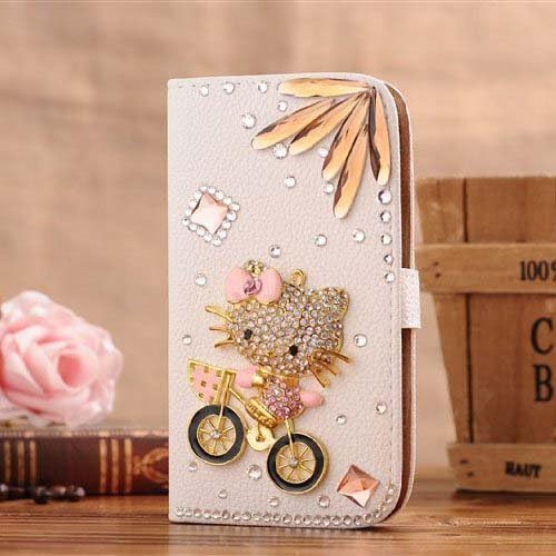 iPhone 6 Wallet Case, LA GO GO(TM) Handmade Luxury 3D Bling Crystal Rhinestone Wallet Leather Purse Flip Card Pouch Stand Cover Case for Apple iPhone 6 (4.7) (Hello Kitty Ride Bike, iPhone 6)