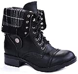 JJF Shoes H-7 Black Plaid Military Combat Foldable Cuff P-Leather Zipper Lace Up Boots-10