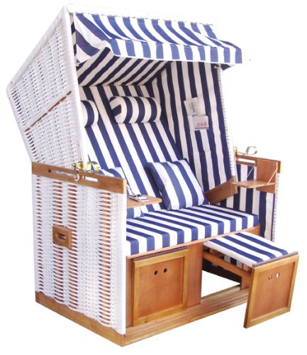 Strandkorb Nordsee Blau/Weiss Liegemodell - AUFGEBAUT