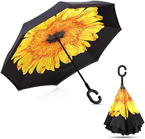 Umbrella C-shaped handle Windproof Reverse Folding Double Layer Inverted Umbrella Double Reverse umbrella and Self Standing Inside Out Rain Protection Umbrella (Purple) (Sunflower)