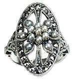 Oval Shield Silver Natural Seed Pearl Ring - Dahlia Vintage Collection