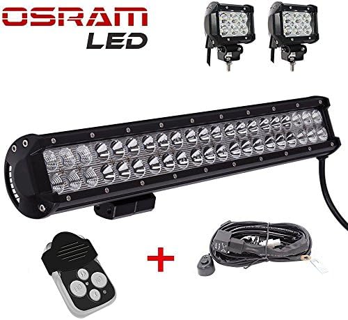TURBO SII Osram 20" Inch Led Light Bar 126w 8820lm-12600lm Flood And Spot Combo Beam Work Light + 18W Off Road Led Light Flood Beam + Wiring Harness Kit + Dimmer and Strobe Remote Switch