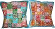 Chair Cushion Covers-2 Blue Multi Colored Patch-Work Embroidery Sari Toss Pillow Cushion Covers