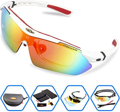 Ponosoon Sports Sunglasses Polarized Tr90 Extremely Flexible Frame with 5 Interchangeable Lenses for Cycling 0831 (white&amp;red)