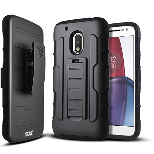 Moto G4 Case, Starshop [Heavy Duty] Dual Layers with Kickstand and Locking Belt Clip With Screen Protector (Black)