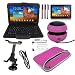 Premium 3 Packs of LCD Clear Screen Protector + Black Leather Case With Bluetooth Keyboard +Earphone Headset With ON-OFF Switch + 3.5MM Cable + Black Car Holder + Pink Dual Pocket Laptop Carrying Case + Pink MIni Hamburger Speaker +Red/Silver/Black Touch Screen Stylus Pen For Samsung Galaxy Tablet 10.1 P7510 By Skque