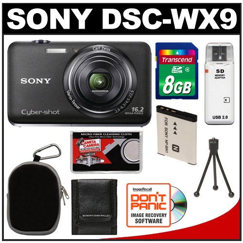 Sony Cyber-Shot DSC-WX9 16.2 MP Digital Camera (Black) with 8GB Card + Battery + Case + Accessory Kit