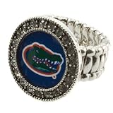 Silver toned stretch band ring with crystal rhinestones surrounding the Florida logo, University of Florida Gators