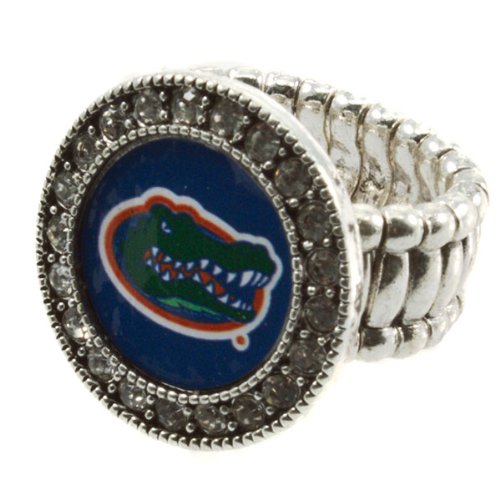Silver toned stretch band ring with crystal rhinestones surrounding the Florida logo, University of Florida Gators