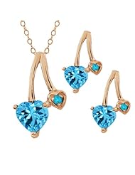 2.14 Ct Heart Shape Swiss Blue Topaz Gold Plated Silver Pendant Earrings Set