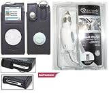 Black Nano Geniune Leather Case + Naztech White Car Charger for Apple Ipod Nano