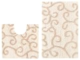 2 Piece Bath Rug Set - New Scroll Ivory Linen by Cotton Craft - 100% Pure Cotton - High Quality - Super Soft and Plush - Hand Tufted Heavy Weight Durable Construction - Larger Rug is 21x32 Oblong and Second rug is Contour 21x20 - Other Styles - Large Scroll, Greek Key, Palm Tree, Solid Color Reversible or Grid Stripe - Easy care machine wash