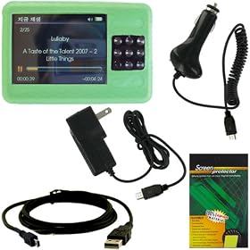 Bundle 5in1: Creative Zen X-fi - Green Silicone Skin Case, Car Charger, Wall/Travel Charger, USB Data Cable, and Screen Protector with Cleaning Cloth - Gizmo Dorks Special!