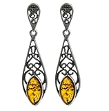 Sterling Silver Honey Amber Marquise-Shaped Victorian Earrings