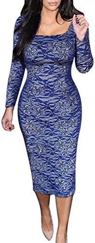 Walume Womens U Neck Long Sleeves Floral Pencil Lace Slim Fitted Dress X-Large Blue