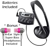 Sony Walkman Digital Tuning Portable Palm Size AM/FM Stereo Radio (Black) with Weather Band, 20 Station Preset Memory, DX Switch for Exceptional Reception, Convenient Belt Clip & Over Head Stereo Headphones - Batteries Included + Bonus DB Tech Secure-Fit Super Bass Metallic Earbud Earphones (Pink)