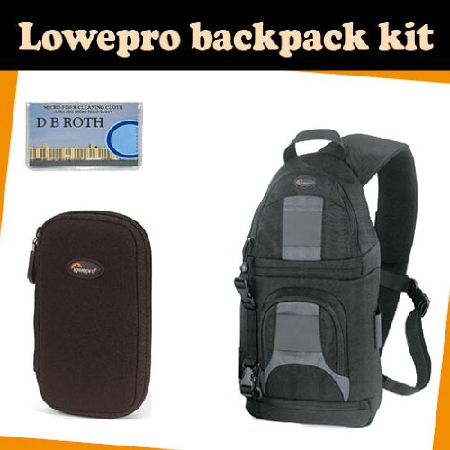 LowePro Backpack kit which includes the Lowepro Slingshot 100 All Weather Backpack (Black) + DMC-Z wallet for memory card(s), batteries, Mini DV tapes and more + DB ROTH Micro Fiber Cloth.