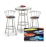 Chrome Bar Table & 2 Chrome 29" Old Muscle Car Hotrod Fabric Seat Barstools ....