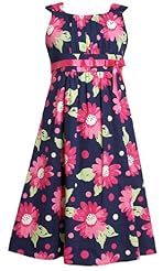 Girls Sleeveless Knee Length Gathered  Shirred Floral Print Empire   Waistline Cotton/Polyester/Satin Party Dress  With a Bow(s) and a Ribbon  and a Sash 
