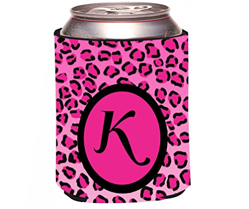 Rikki KnightTM Letter "K" Initial Hot Pink Leopard Print Monogrammed Design Drinks Cooler Neoprene Koozie