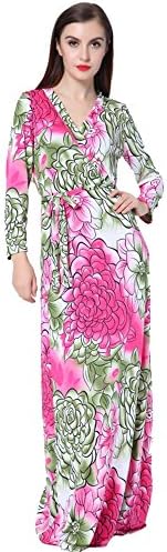 Fashion Women Deep V-neck Long Sleeve Printing Maxi Beach Dress with Belt