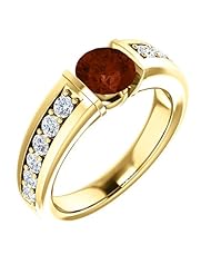 18K Yellow Gold 6.00mm Round Cut Mozambique Garnet and Diamond Ring -- LIFETIME WARRANTY
