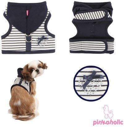 Authentic Pinkaholic Sweet Pinka Hooded Harness Vest in color Navy Blue/White for small dogs Size Small (Chest 10"-12", Neck 8.5"), Safe, Secure, Choke Free for walking, training, travel