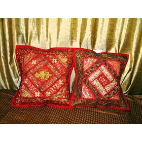 2 Lava Beaded Embroidered Cushion Covers Vintage Sari Pillow Covers 16x16 inches FREE SHIP by Mogul Interior
