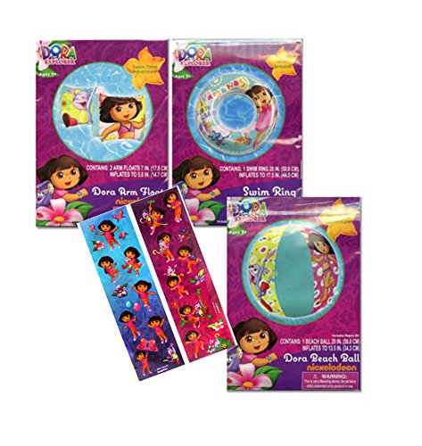 "Safety First" Nickelodeon Dora The Explorer Inflatable Pool Toys Collection! Featuring Dora &amp; Boots! Includes: Swim Ring Inner Tube + Arm Floaties + Beach Ball! Plus Bonus 2ct Dora Sticker Sheets!