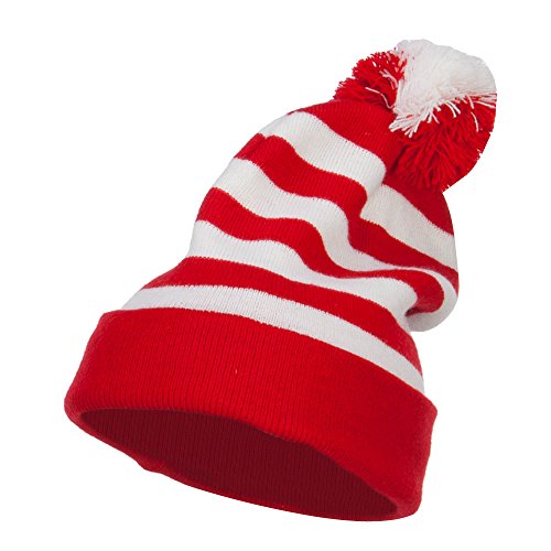 Striped Pom Pom Cuff Long Beanie