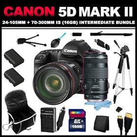 Canon EOS 5D Mark II 21.1MP Full Frame CMOS Digital SLR Camera with EF 24-105mm f/4 L IS USM Lens + Canon EF 70-300mm f/4-5.6 IS USM Lens for Canon EOS SLR Cameras (16GB Intermediate Bundle Kit) includes Charger, x2 Batteries, 16GB SD Card, USB Card Reader, HDMI Cable, Carrying Case, 6'' Mini Tripod