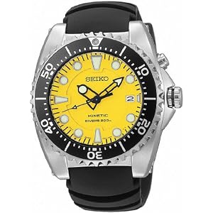 Seiko #SKA367P2 Men's Kinetic 200m Diver Watch with Rubber Strap (Yellow Face/Black Bezel)