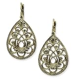 1928 Brass-tone Filigree Teardrop Leverback Earrings