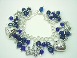 Chic Wrists Queen of Hearts Bold Charm Bracelet Blue Crystals Metal Hearts Metal Crowns Bracelet with FREE Earrings