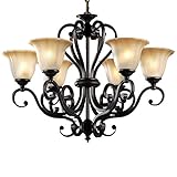 LNC Antique Finish Black Iron 6 Lights Rustic Chandelier Lighting Glass Shade D28-Inch by H22-Inch