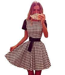 Short Sleeves Houndstooth Print Round Neck Pleated Belted  Dress