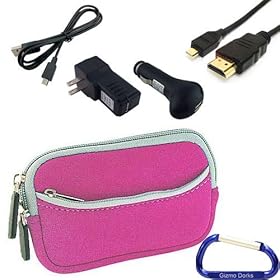 Gizmo Dorks Soft Neoprene Zipper Case (Pink), Charging Bundle, and HDMI Cable with Carabiner Key Chain for the Sony 3D Bloggie HD Camera MHS-FS3