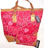 XOXO - XOXO HANDBAGS, XOXO "ADORABLE" LOVE HEARTS LARGE TOTE & MATCHING CHECKBOOK WALLET SET (Red / Brown Trim)
