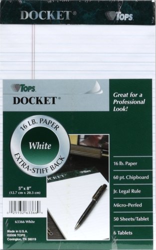 TOPS Docket Junior Legal Pad, 5 x 8 Inches, 50 Sheets, 6-Pack, White, (63366) TOPS Docket Junior Legal Pad, 5 x 8 Inches, 50 Sheets, 6-Pack, White, (63366)