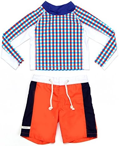 Ququa Kids Boys' Long Sleeve Swimsuit, Blue Orange Plaid (4-5 years)