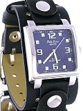 PHILIP PERSIO LEATHER BIKER CUFF MEN BLUE SQUARE WATCH