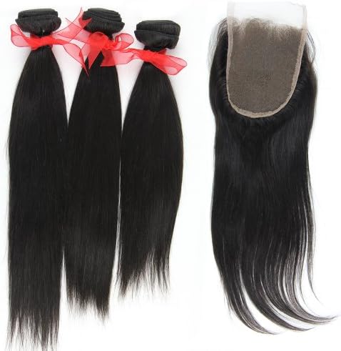 Eayon Hair® 3 Bundle Hair Extension + 1 Closure Straight; A+ Virgin Remy Weft Weaving Peruvian Hair; 10"-30" 300g Hair; 35g 8"-16" Closure; Natural Black 1b