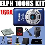 Canon PowerShot ELPH 100 HS 12 MP CMOS Digital Camera with 4X Optical Zoom (Blue) NB4L Battery/Charger 16GB DavisMAX HDMI Bundle