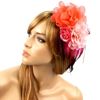 2 Tone Floral Feathers Hat Fascinator Clip Head Piece Cocktail Brooch Coral Pink