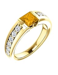 18K Yellow Gold 5.00x5.00mm Princess Cut Citrine and Diamond Ring -- LIFETIME WARRANTY