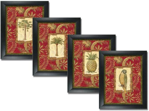 4 Framed Exotic Palm Tree Art Prints Pineapple Parrot Tropical Island 8 x 10