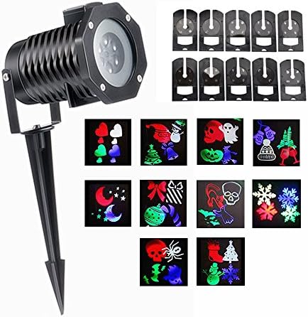 JulyFire Rotating Halloween Christmas Colorful Snowflakes LED Spotlight Projector, 10PCS Pattern Lens Replaceable Star Shower light, Wall Decor, Party Lights, Outdoor Landscape Lights (Multicolored)