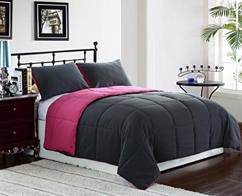 3 Piece Reversible Down Alternative Comforter Set Medium Weight, King/Cal King, Pink/Grey