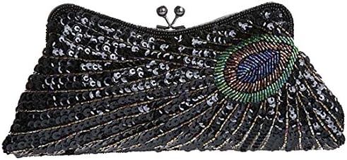 Blueblue Sky Hand Beaded Sequined Peacock Design Purse Evening Bag Chains#3381 (Black)